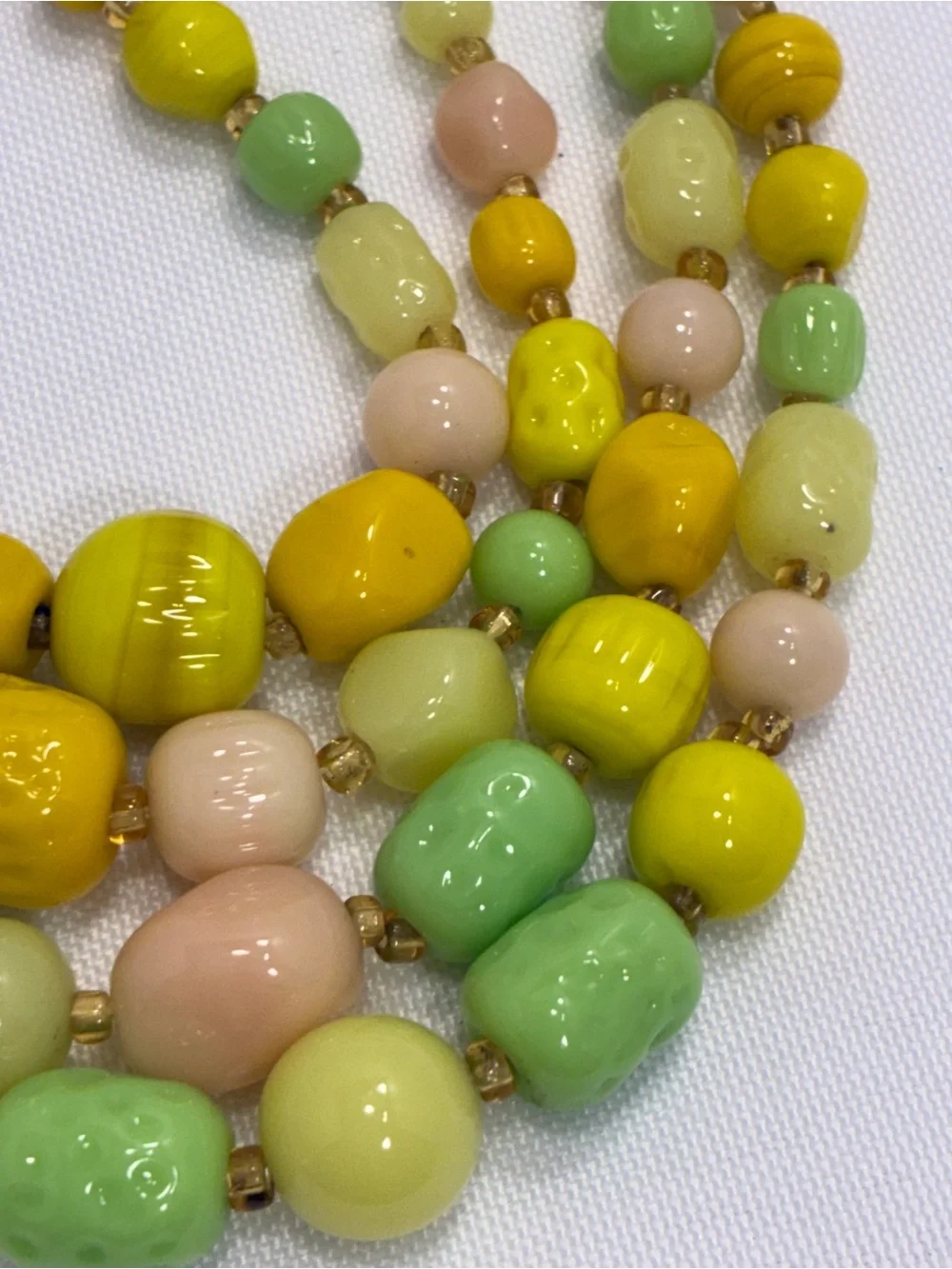 Vintage Multi-strand Pastel Bead Necklace - Yellow, Lime, Pale Peach Art Glass